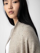 Indiany Gilet 100% Cashmere - Beige 100% cashmere midi cardicoat with short sleeves and gold diamanté.