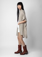 Indiany Gilet 100% Cashmere - Beige 100% cashmere midi cardicoat with short sleeves and gold diamanté.