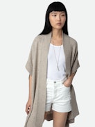 Indiany Gilet 100% Cashmere - Beige 100% cashmere midi cardicoat with short sleeves and gold diamanté.