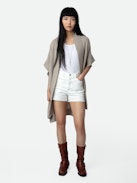 Indiany Gilet 100% Cashmere - Beige 100% cashmere midi cardicoat with short sleeves and gold diamanté.
