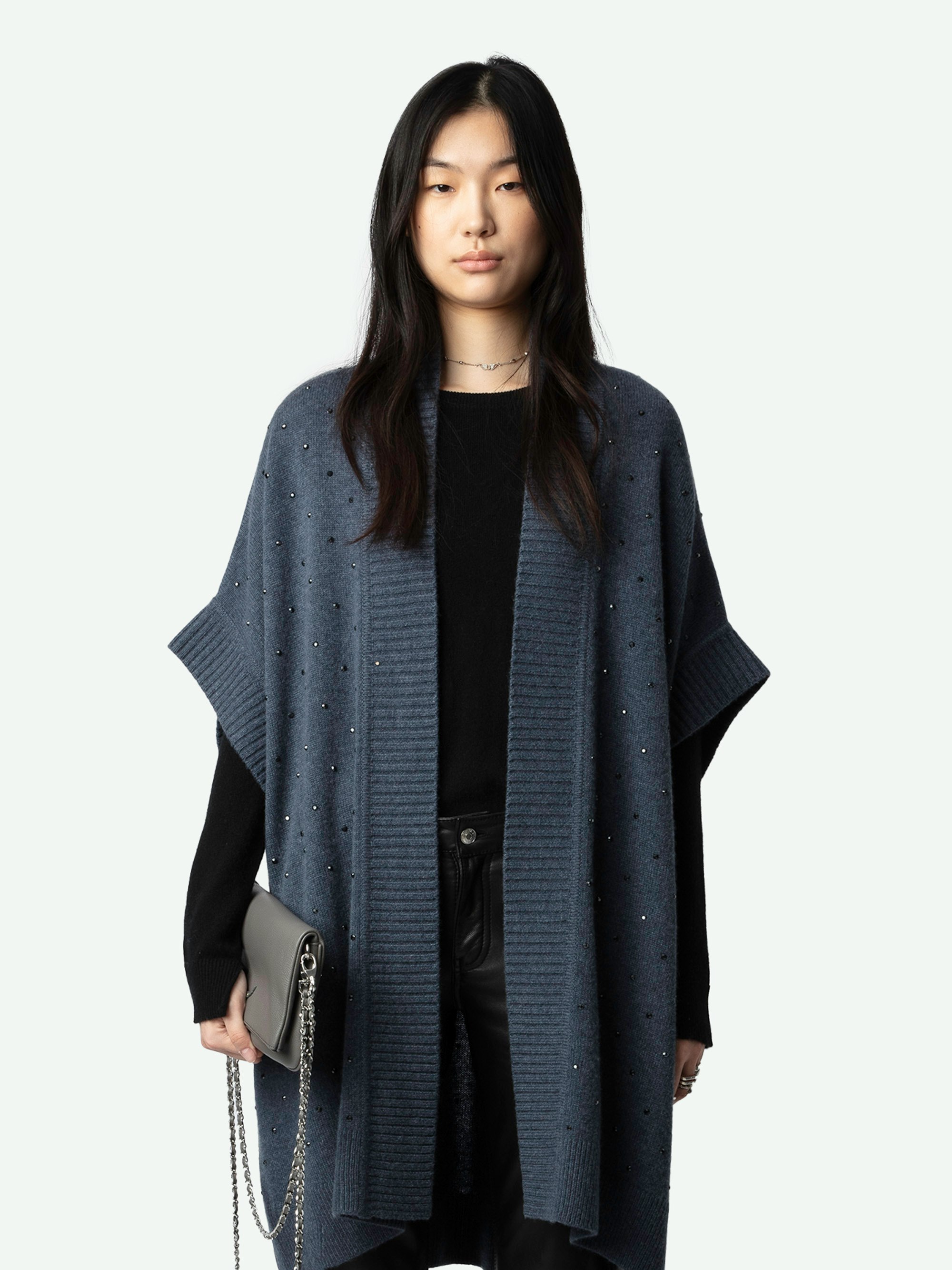 Indiany Cashmere Cardigan - Oversized sleeveless mid-length grey cashmere gilet with diamanté.