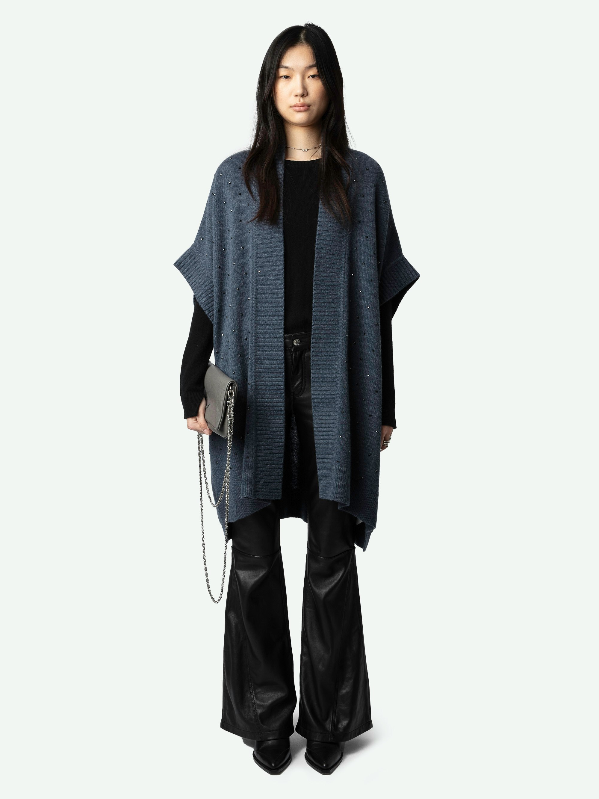 Indiany Cashmere Cardigan - Oversized sleeveless mid-length grey cashmere gilet with diamanté.