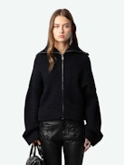 Attila Jacket - Short black zip-up wool and cashmere knit jacket with roll neck and metal wings on the back.