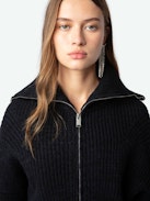 Attila Jacket - Short black zip-up wool and cashmere knit jacket with roll neck and metal wings on the back.