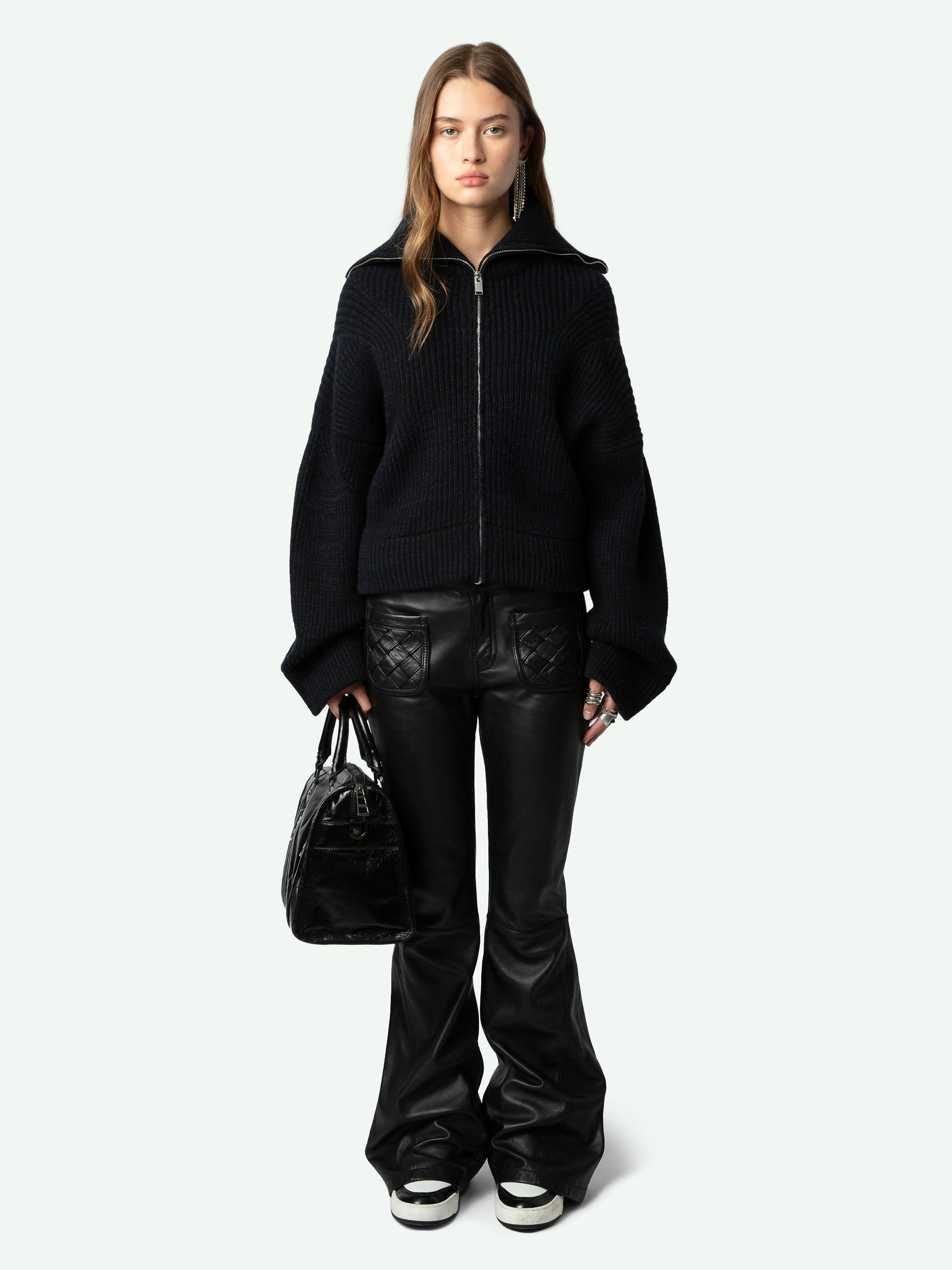 Attila Jacket - Short black zip-up wool and cashmere knit jacket with roll neck and metal wings on the back.