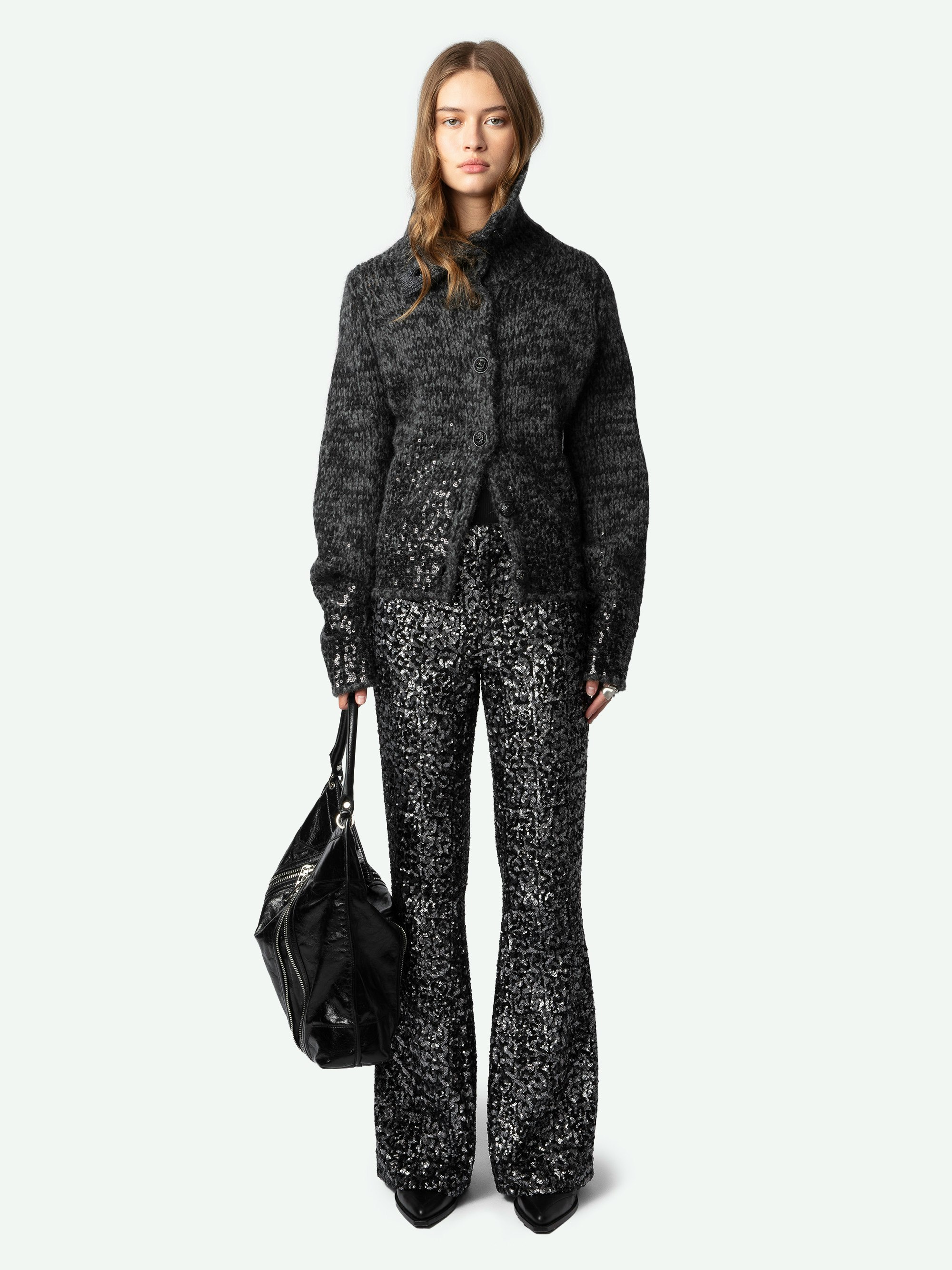 Tylia Jacket - Short jacket in anthracite tweed-effect knit with funnel neck, button fastening and sequin embroidery.