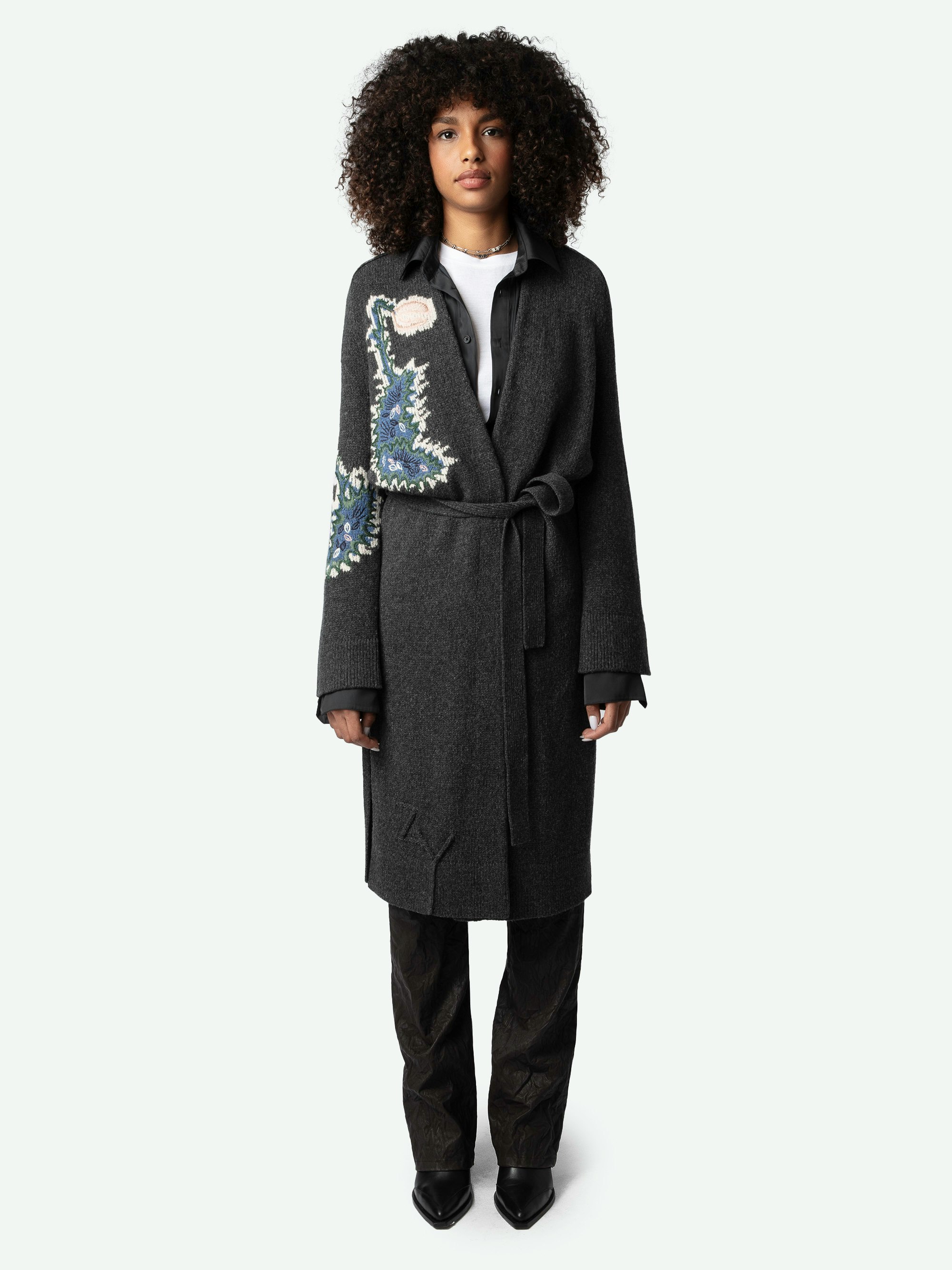 Salonny Coat - Long dark grey merino wool coat with removable belt and floral embroidered jacquard intarsia.