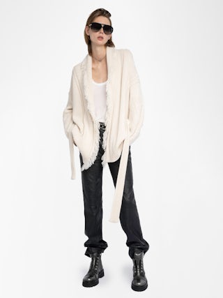 Alpa Knit Coat - Cardigan coat with fringe and wings at the back, tie closure.