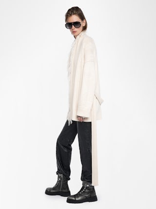Alpa Knit Coat - Cardigan coat with fringe and wings at the back, tie closure.