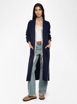 Salonny Cardigan - Long cardigan with intarsia skull on back.