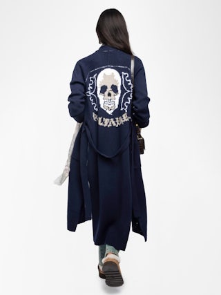 Salonny Cardigan - Long cardigan with intarsia skull on back.