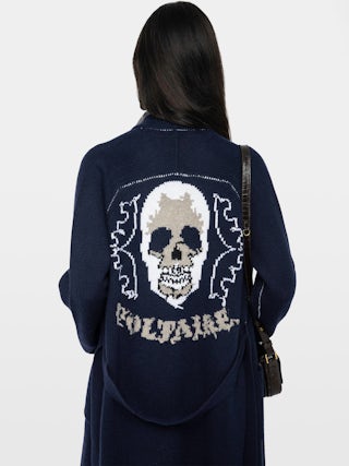 Salonny Skull Cashmere Cardigan - Long cardigan with intarsia skull on back.
