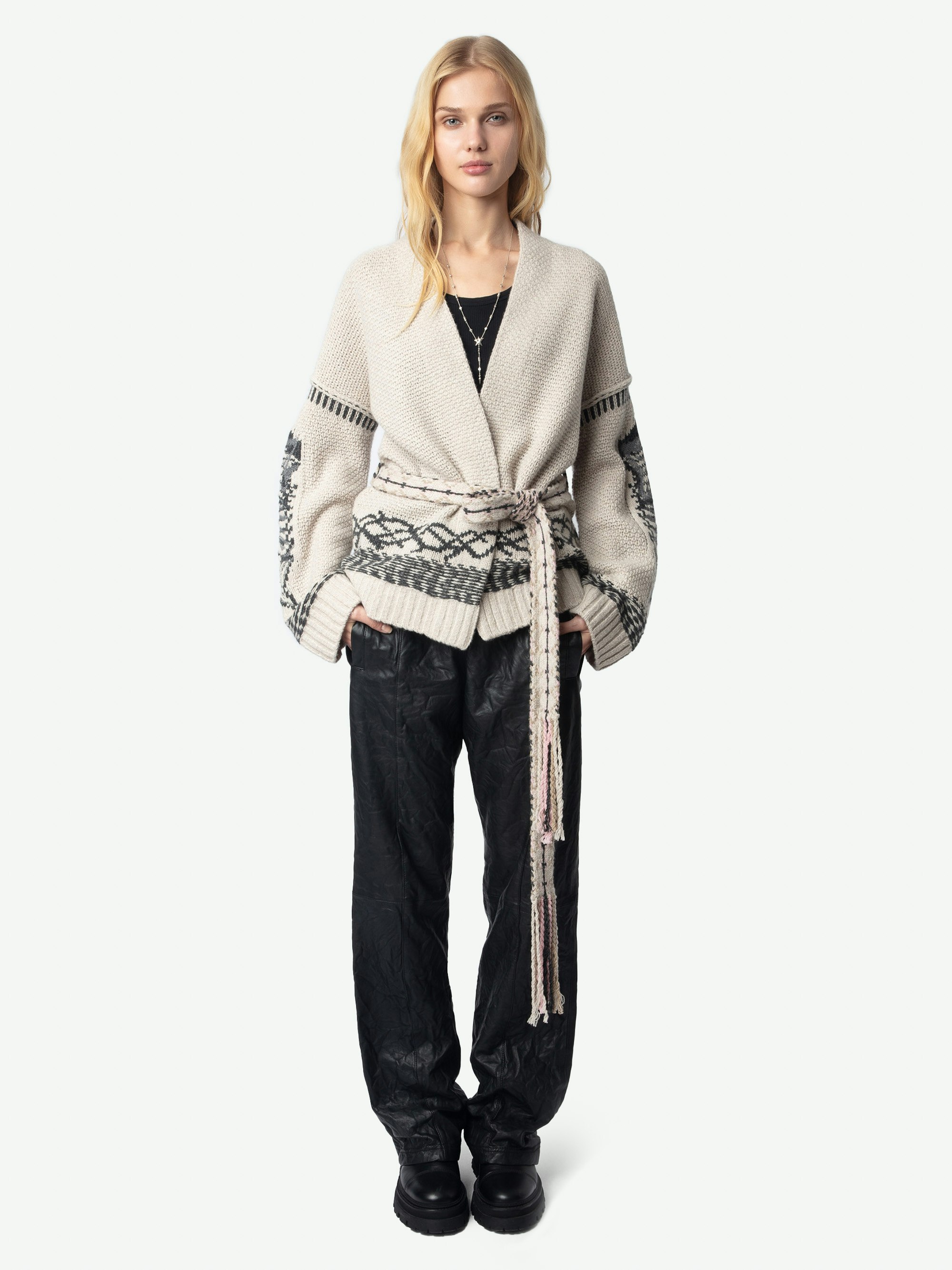 Aspen Waistcoat - Beige merino wool and cashmere cardigan with contrasting patterns and removable belt.