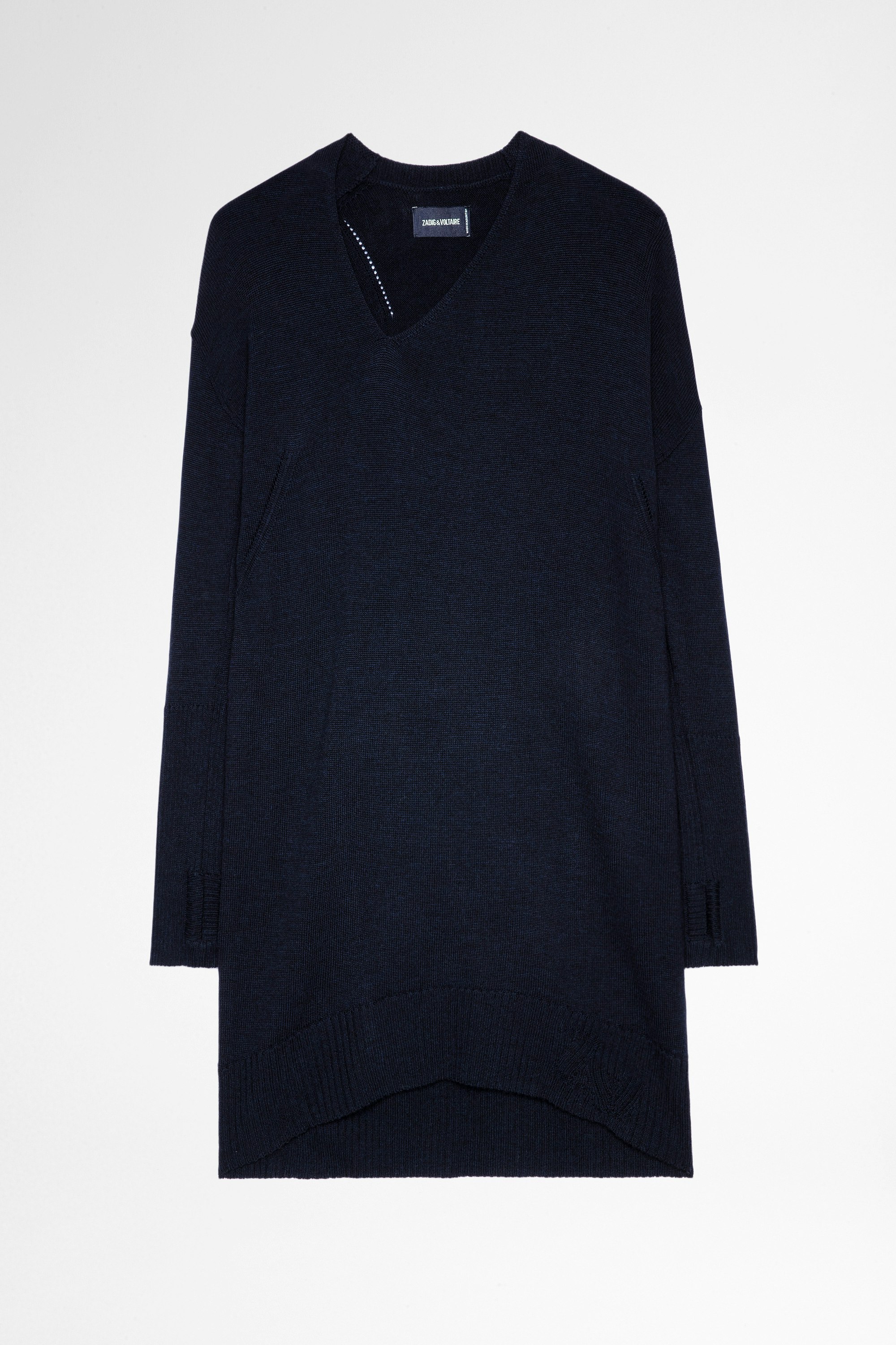 Kleid Dean Marineblaues Damen-Strickkleid mit asymmetrischem Ausschnitt