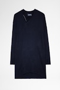 Dean Dress - Women's navy blue knitted sweater dress with asymmetrical collar
