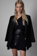 Dean Dress - Women's navy blue knitted sweater dress with asymmetrical collar