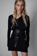 Dean Dress - Women's navy blue knitted sweater dress with asymmetrical collar