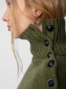Almira Dress 100% Cashmere - Women’s short khaki 100% cashmere turtleneck dress with buttons on the shoulders and long sleeves.