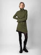 Almira Dress 100% Cashmere - Women’s short khaki 100% cashmere turtleneck dress with buttons on the shoulders and long sleeves.