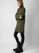 Almira Dress 100% Cashmere - Women’s short khaki 100% cashmere turtleneck dress with buttons on the shoulders and long sleeves.