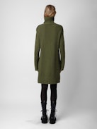 Almira Dress 100% Cashmere - Women’s short khaki 100% cashmere turtleneck dress with buttons on the shoulders and long sleeves.