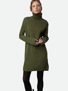 Almira Dress 100% Cashmere - Women’s short khaki 100% cashmere turtleneck dress with buttons on the shoulders and long sleeves.