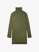 Almira Dress 100% Cashmere - Women’s short khaki 100% cashmere turtleneck dress with buttons on the shoulders and long sleeves.