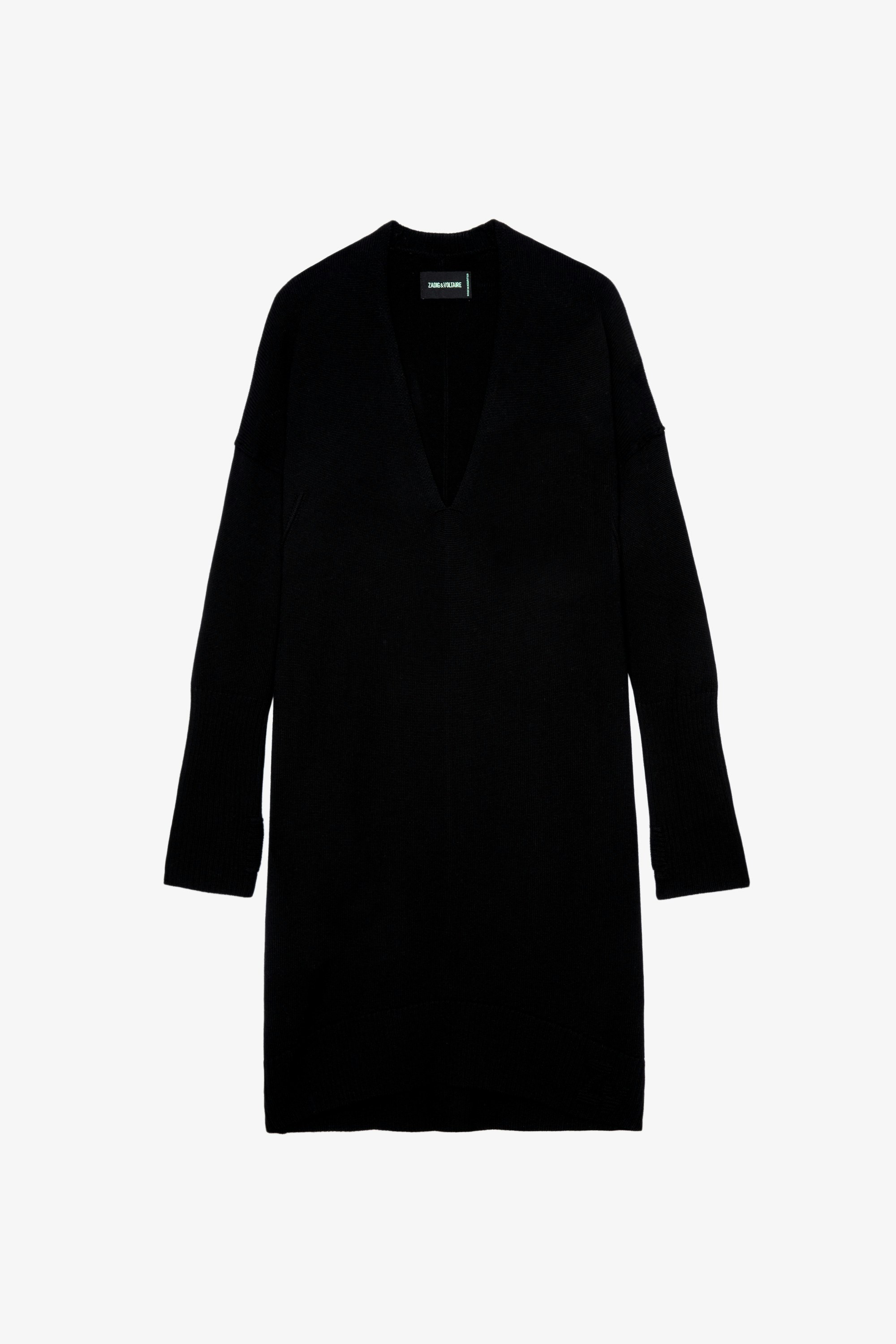 Deany ワンピース Black knit dress with plunging neckline and long sleeves 