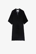 Tahoe Dress - Women's mid-length black cotton pointelle dress with tassel ties and "Act For Love" slogan