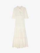 Memphis Dress - Women's long pointelle off-white cotton crochet dress with tassel ties