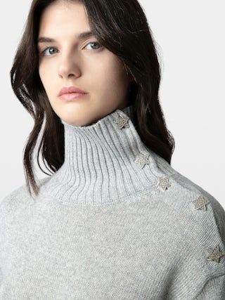 Dress Almira - Midi dress with roll-neck and star jewel buttons at the shoulder.