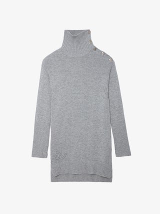 Robe Almira - Robe mi-longue à col roulé et boutons bijoux étoiles à l'épaule.