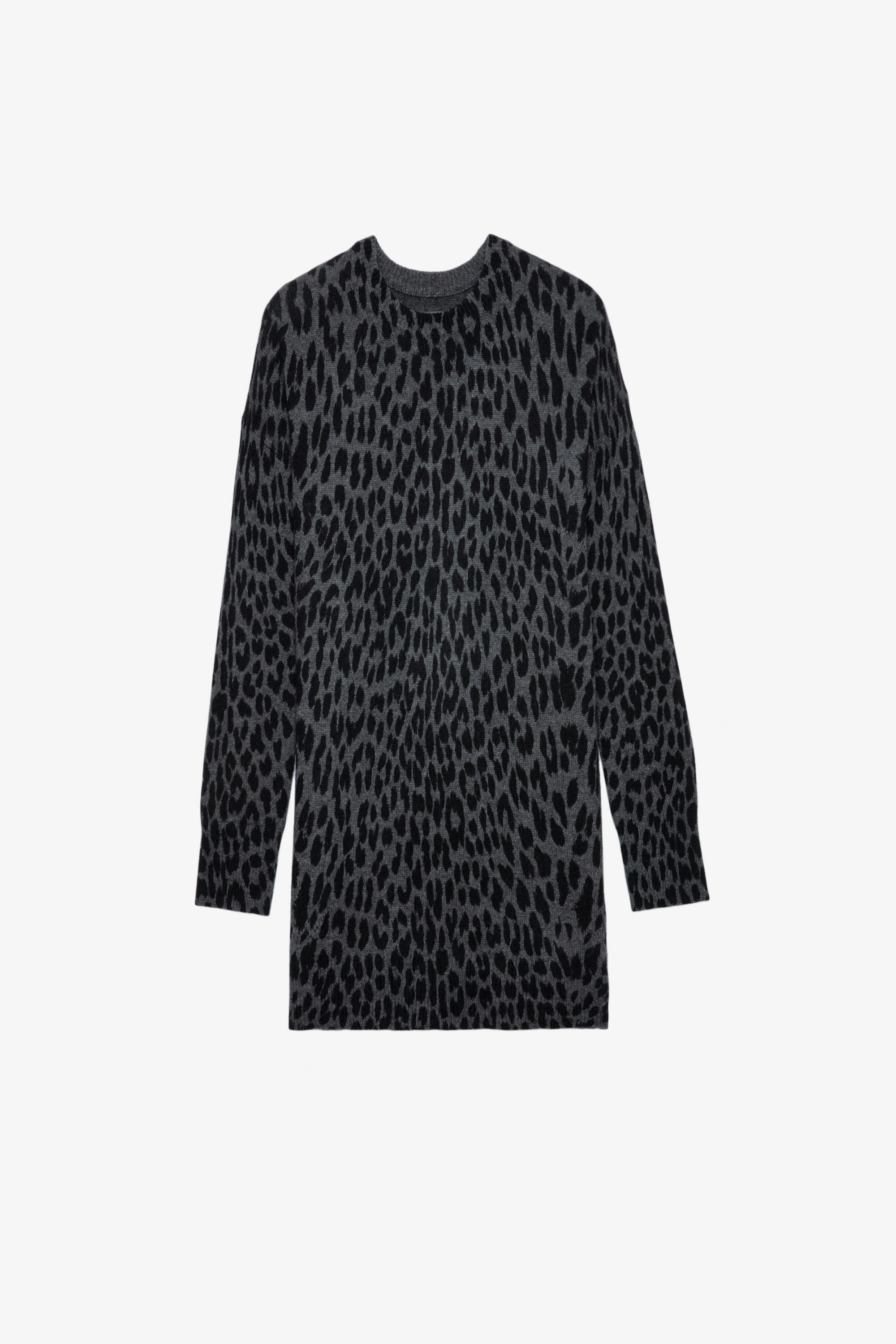 Malia Leopard Cashmere Dress Women’s short grey leopard-print cashmere dress.