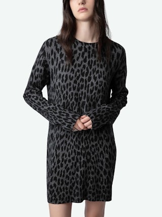 Robe Malia 100% Cachemire - Robe courte en cachemire gris imprirmé léopard.