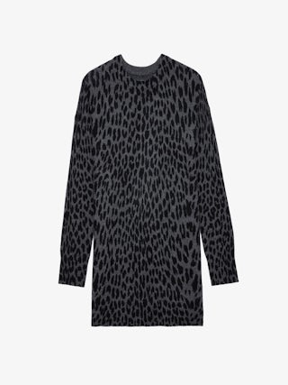 Robe Malia 100% Cachemire - Robe courte en cachemire gris imprirmé léopard.