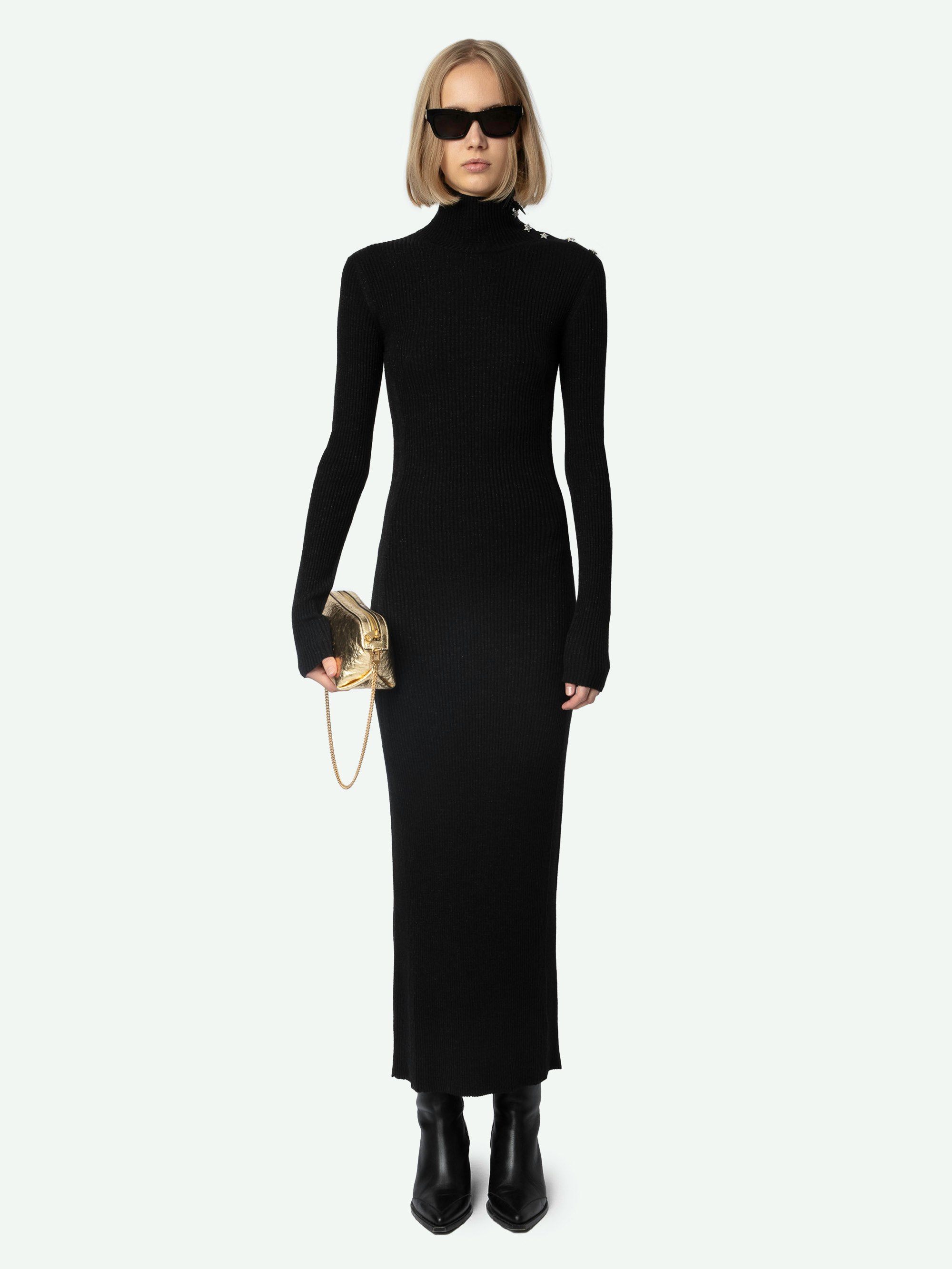 Mireille Dress - Long black merino wool dress with stand collar, with diamanté star buttons on the shoulder, long sleeves and seam at the back.