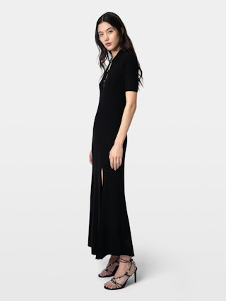 Dress Lysa - Long slit dress with shirt collar, short sleeves with rhinestone jewel buttons.