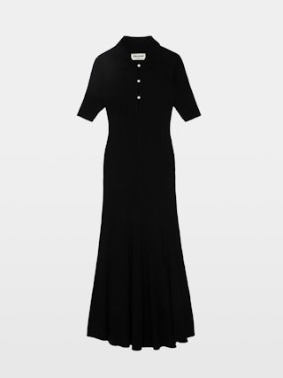 Dress Lysa - Long slit dress with shirt collar, short sleeves with rhinestone jewel buttons.
