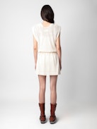 Alanis Dress - Ecru lace cotton mini dress with elasticated waistband and short sleeves with ties.
