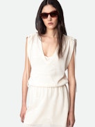 Alanis Dress - Ecru lace cotton mini dress with elasticated waistband and short sleeves with ties.