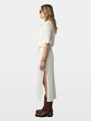 Salmy Dress - Long dress with wing motifs and ruffled short sleeves.
