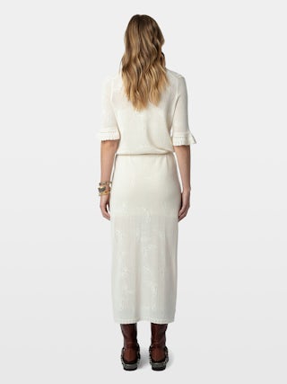 Salmy Dress - Long dress with wing motifs and ruffled short sleeves.