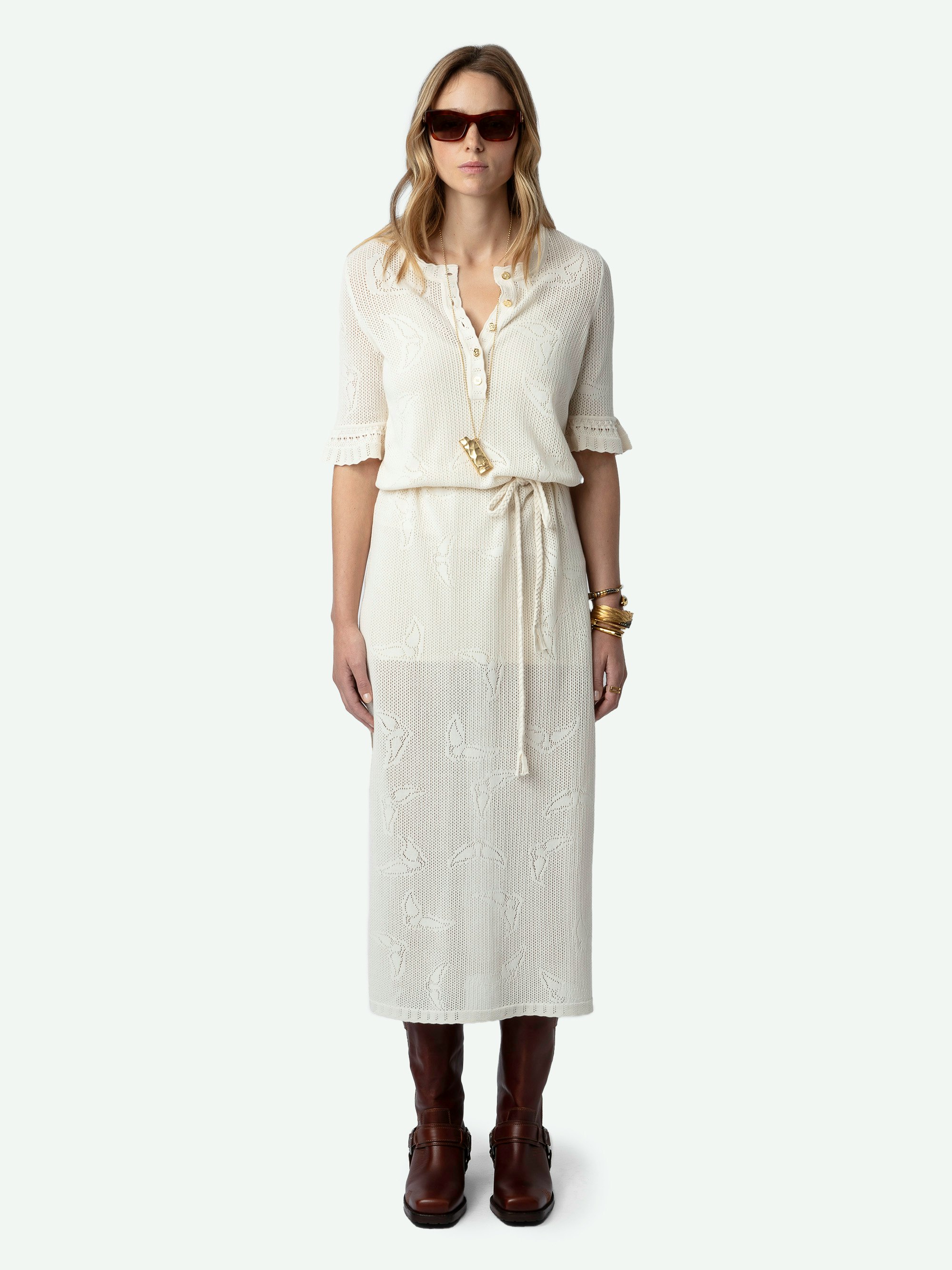 Salmy Wings Dress - Ecru cotton pointelle knit maxi dress with wing motifs, short ruffled sleeves and removable belt.