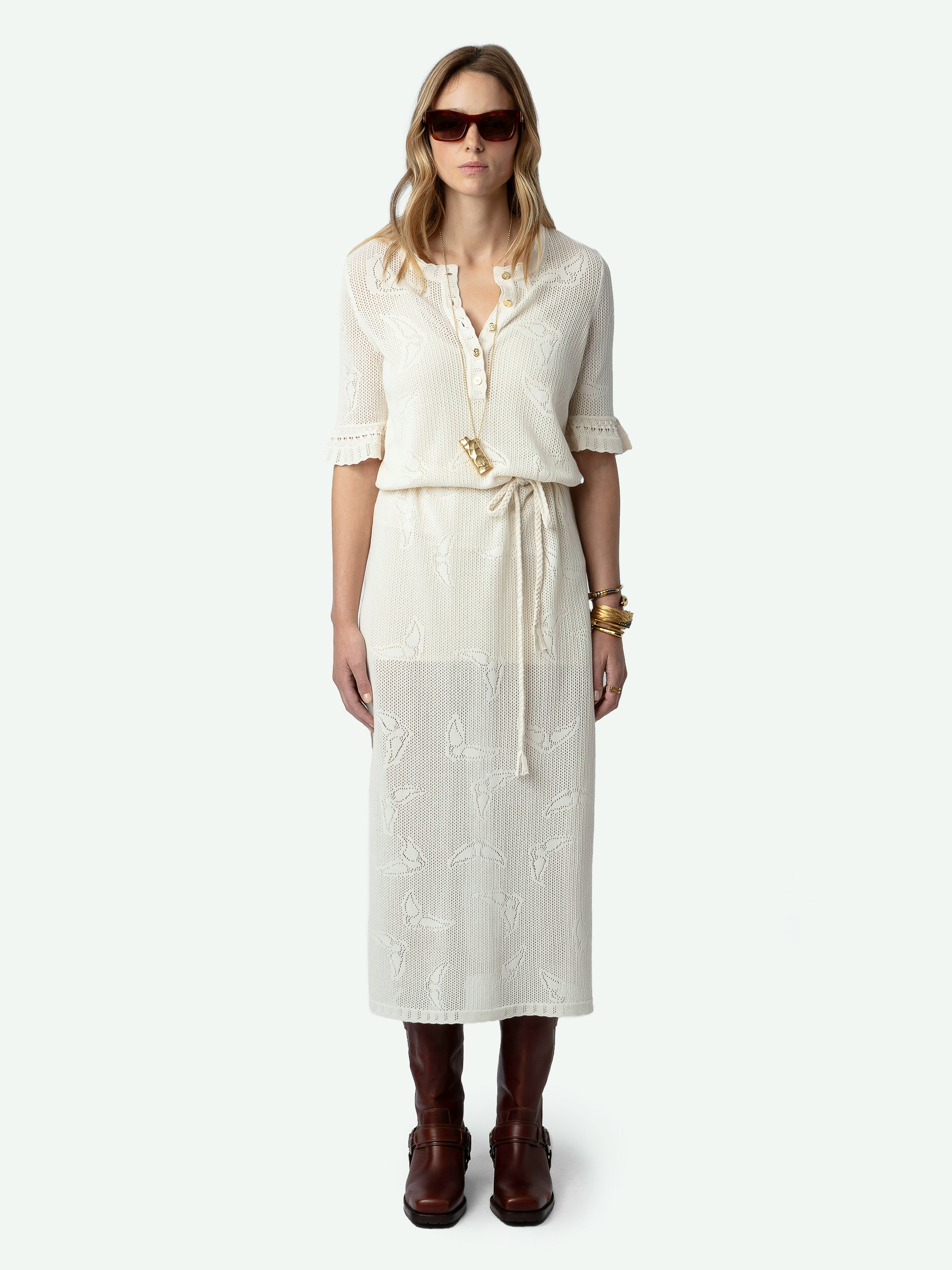 Salmy Wings Dress - Ecru cotton pointelle knit maxi dress with wing motifs, short ruffled sleeves and removable belt.