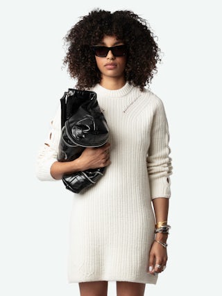 Robe Alky 100% Laine Merinos - Robe courte à torsades ajourées et boutons.