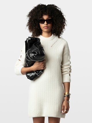 Dress Alky 100% Merino Wool - Short dress with openwork cables and buttons.