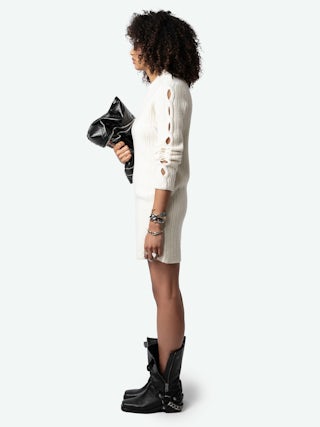 Robe Alky 100% Laine Merinos - Robe courte à torsades ajourées et boutons.