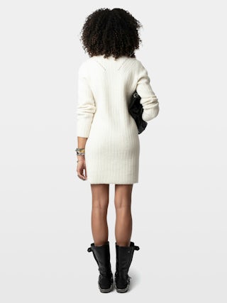 Dress Alky 100% Merino Wool - Short dress with openwork cables and buttons.