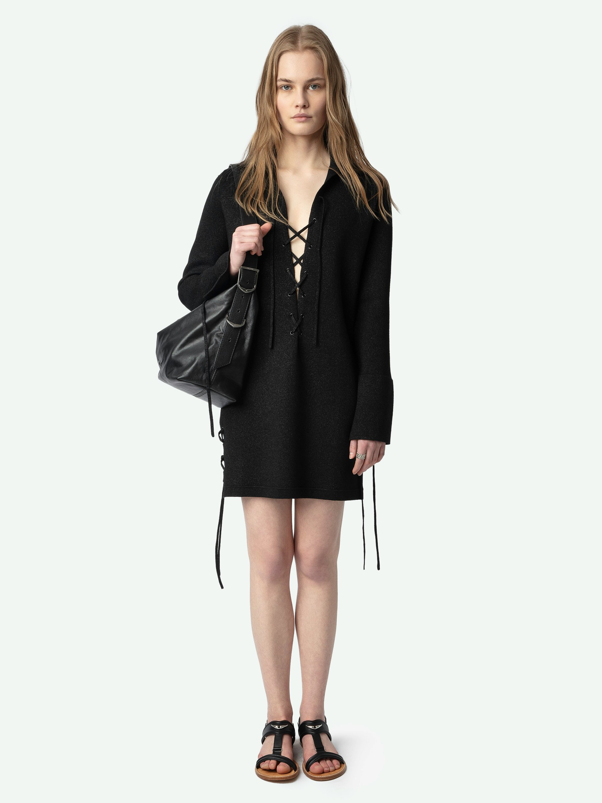 Listya Dress - Long lurex dress with shirt collar, eyelets and side tie.