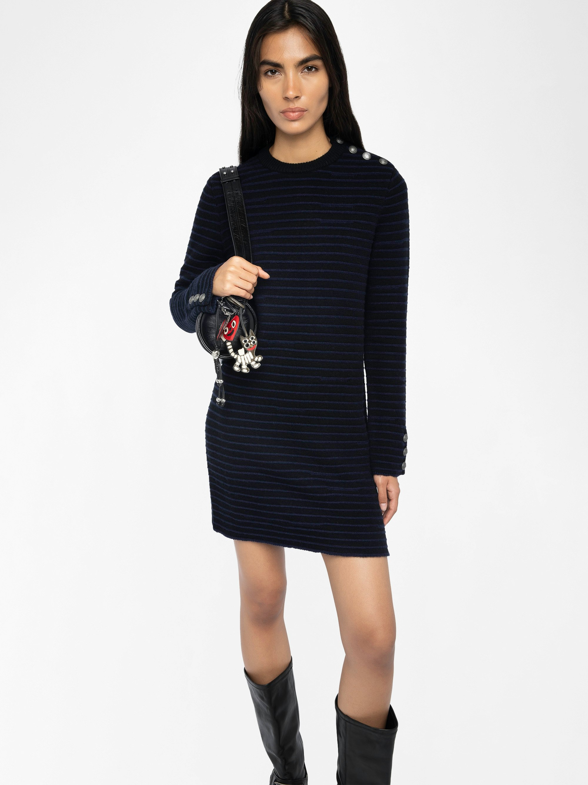 Maltyd Dress - Round neck long sleeve striped dress with buttons.